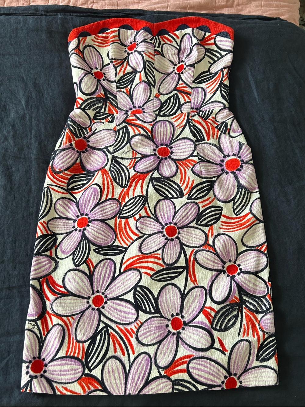 Strapless Milly Sheath Dress, Bold Floral Print in Lavender, Navy & Red - 4
